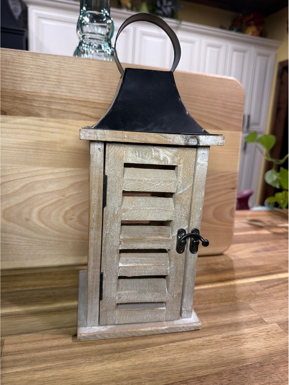 Rustic Wooden Lantern with Black Metal Top and Handle